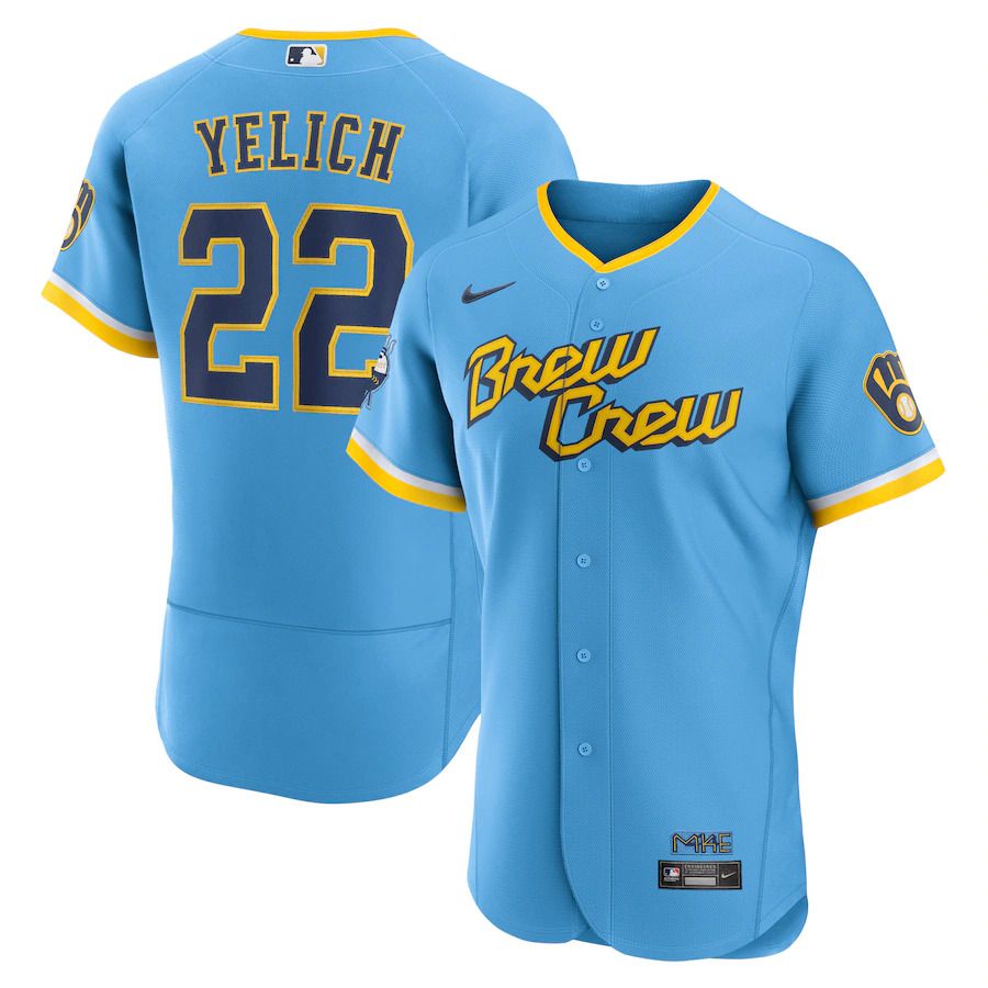 Cheap Custom Men Milwaukee Brewers 22 Christian Yelich Nike Powder Blue 2022 City Connect Authentic Player MLB Jersey
